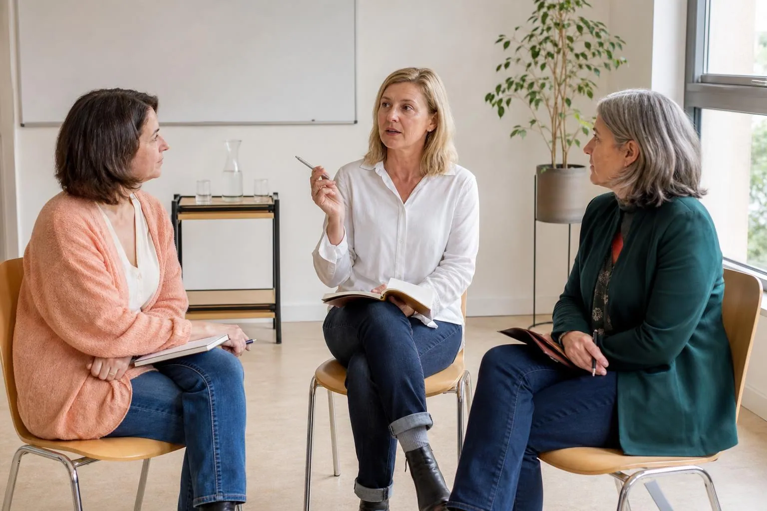 Trois femmes de quarante-cinq à soixante ans assises en demi-cercle avec des blocs-notes dans une salle de réunion claire