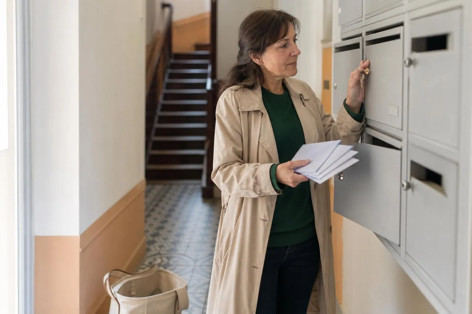 Femme d’une cinquantaine d’années debout devant les boîtes aux lettres d’un immeuble ancien, plusieurs enveloppes fermées tenues en éventail dans la main