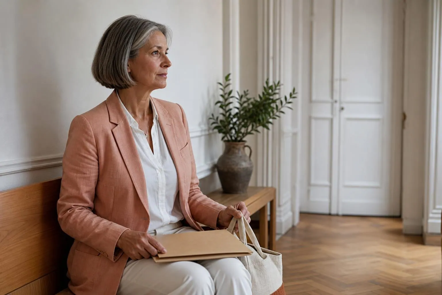 Femme d’environ cinquante-huit ans assise dans une salle d’attente claire, un dossier fermé posé à plat sur ses genoux et la main posée dessus
