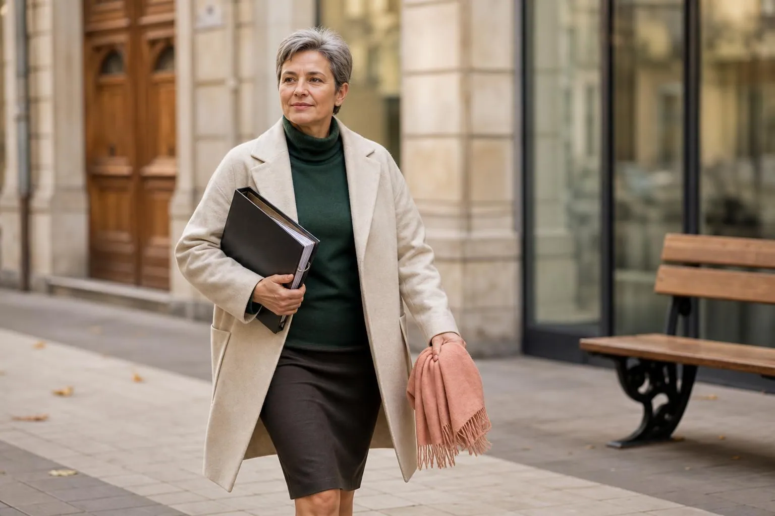 Femme d’environ cinquante-sept ans marchant sur un trottoir de centre-ville, un classeur épais serré contre elle sous le bras