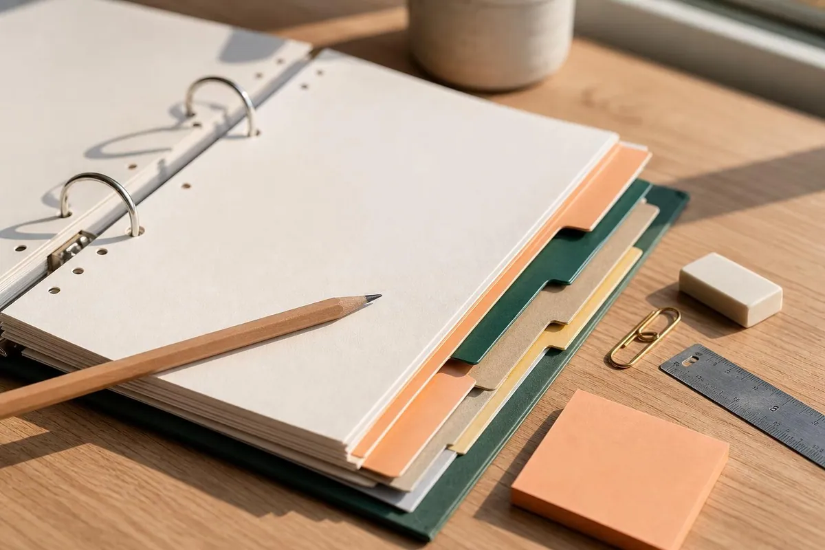 Gros plan sur des intercalaires de couleur et des feuilles perforées rangées dans un classeur à anneaux posé sur une table