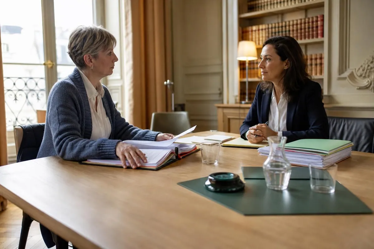 Deux femmes assises face à face dans un cabinet d’avocate, dossier ouvert entre elles sur une table de réunion en bois